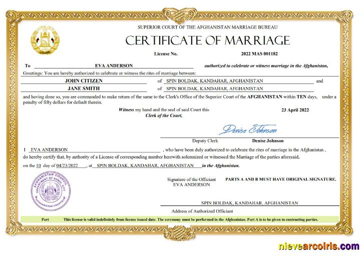 Afghanistan marriage certificate
